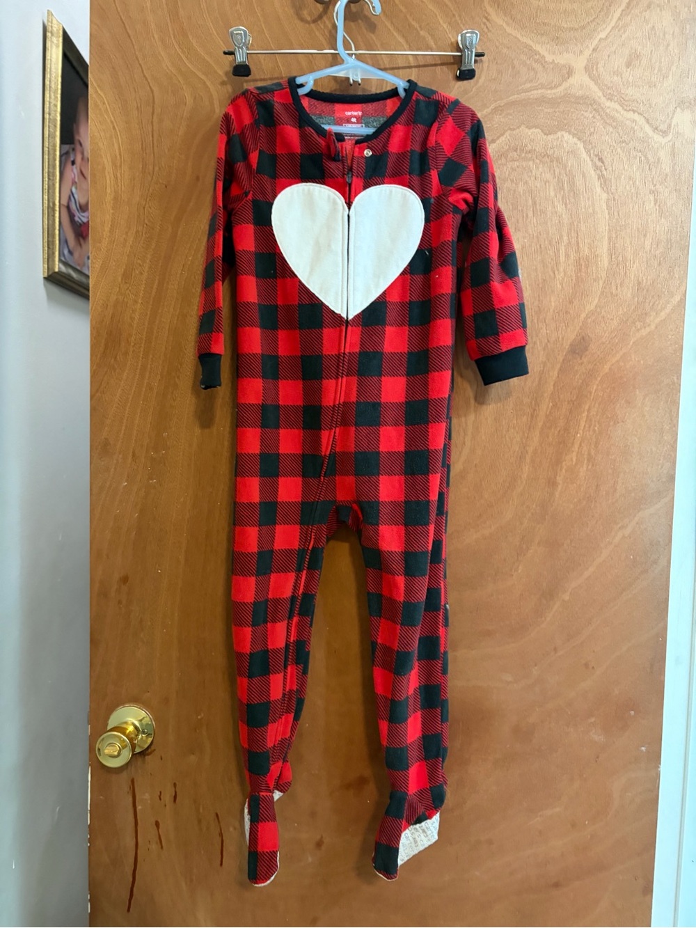 Kids Red Buffalo Plaid One-Piece Pajamas with Heart Carter’s size 4T